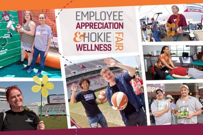 photo of 2023 Employee Appreciation and Hokie Wellnes Fair graphic with photos of this year's event.