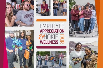 multiple photos of people having fun at the Employee Appreciation and Hokie Wellness Fair